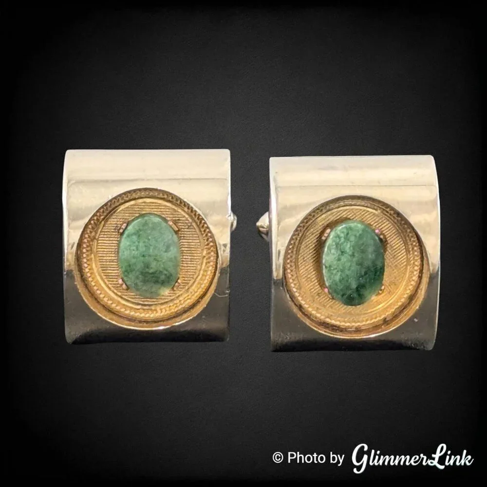 VTG Dante Chunky Dome Green Stone Art Deco Style Gold Tone Cufflinks & Tack Set